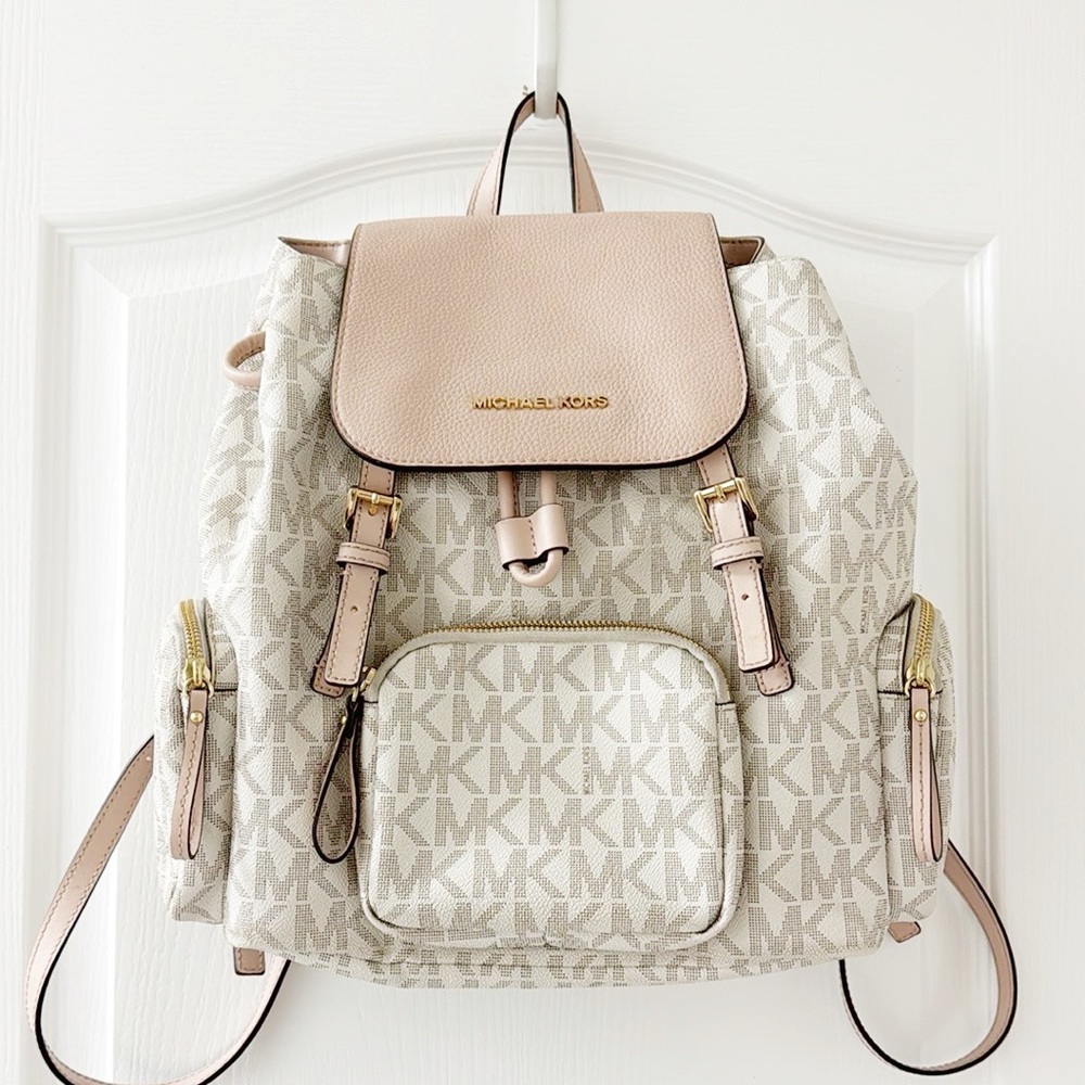 MICHAEL KORS Signature Tan Backpack With Pink Accents & Gold Hardware